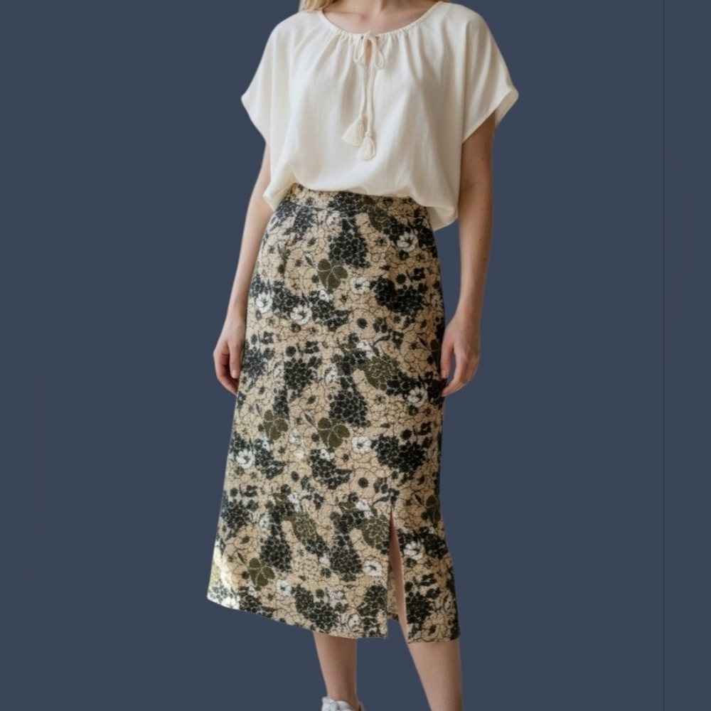 HANDMADE 1990s Interchangeable Floral Solid Olive Wrap Maxi Skirt Size 6